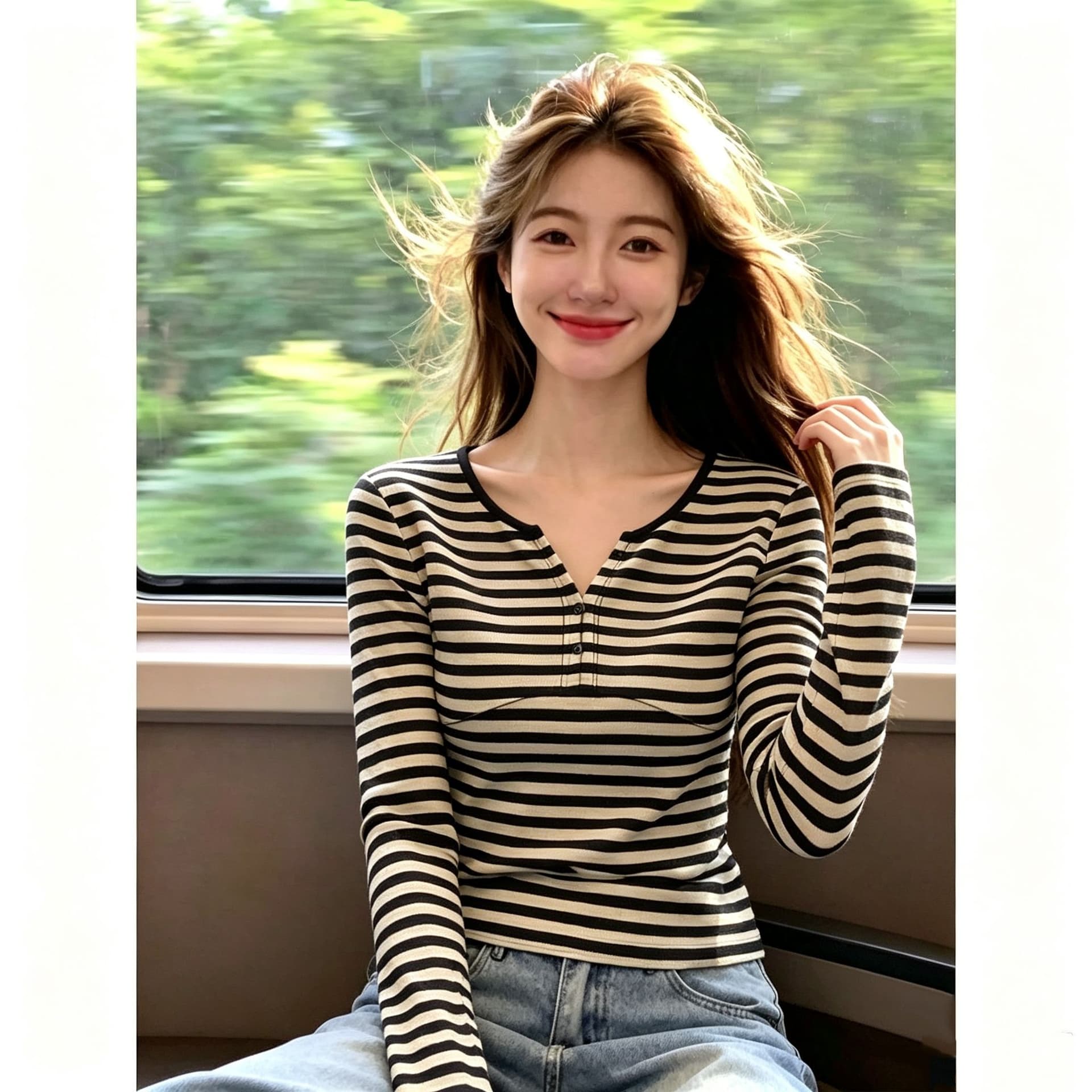 한국 스타일 새로운 배색 스트라이프 V넥 긍정적 인 어깨 긴팔 티셔츠 여성 가을 기본 셔츠 몸매 가꾸기 핫걸 맨위 상세 이미지 2