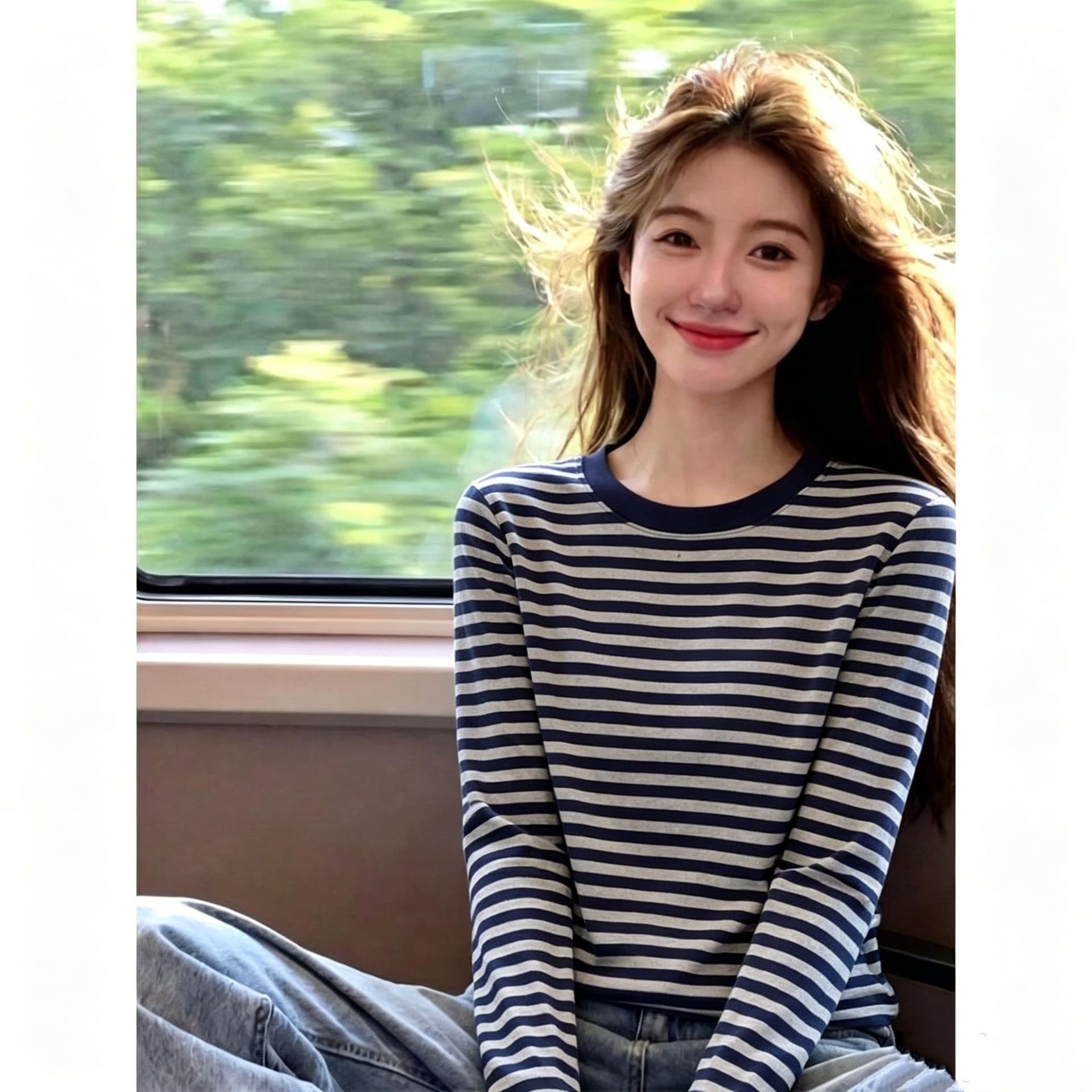 원본 좋은 품질 이후 패키지 칼라 핫걸 스트라이프 긴팔 티셔츠 여성 가을 새로운 라운드 넥 슬림해 보이는 기본 셔츠 맨위