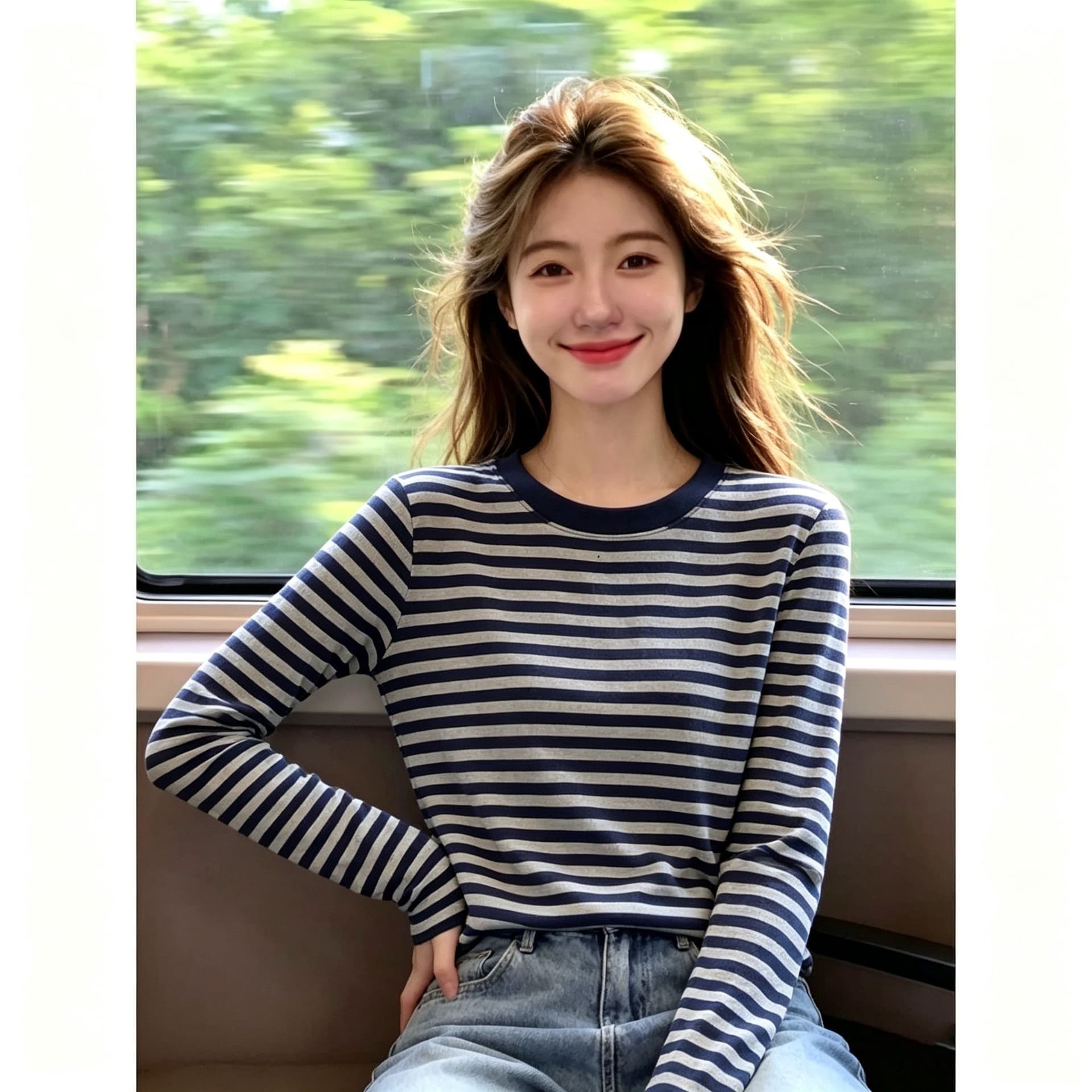 원본 좋은 품질 이후 패키지 칼라 핫걸 스트라이프 긴팔 티셔츠 여성 가을 새로운 라운드 넥 슬림해 보이는 기본 셔츠 맨위 상세 이미지 2