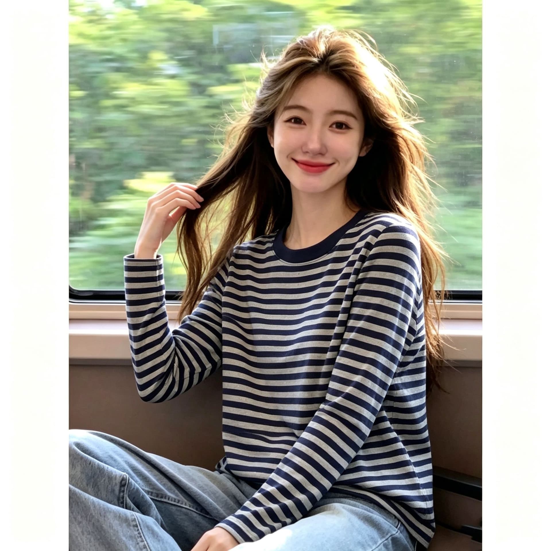 원본 좋은 품질 이후 패키지 칼라 핫걸 스트라이프 긴팔 티셔츠 여성 가을 새로운 라운드 넥 슬림해 보이는 기본 셔츠 맨위 상세 이미지 3