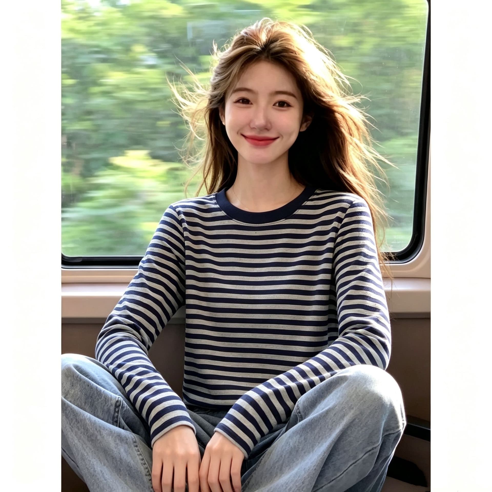 원본 좋은 품질 이후 패키지 칼라 핫걸 스트라이프 긴팔 티셔츠 여성 가을 새로운 라운드 넥 슬림해 보이는 기본 셔츠 맨위 상세 이미지 4