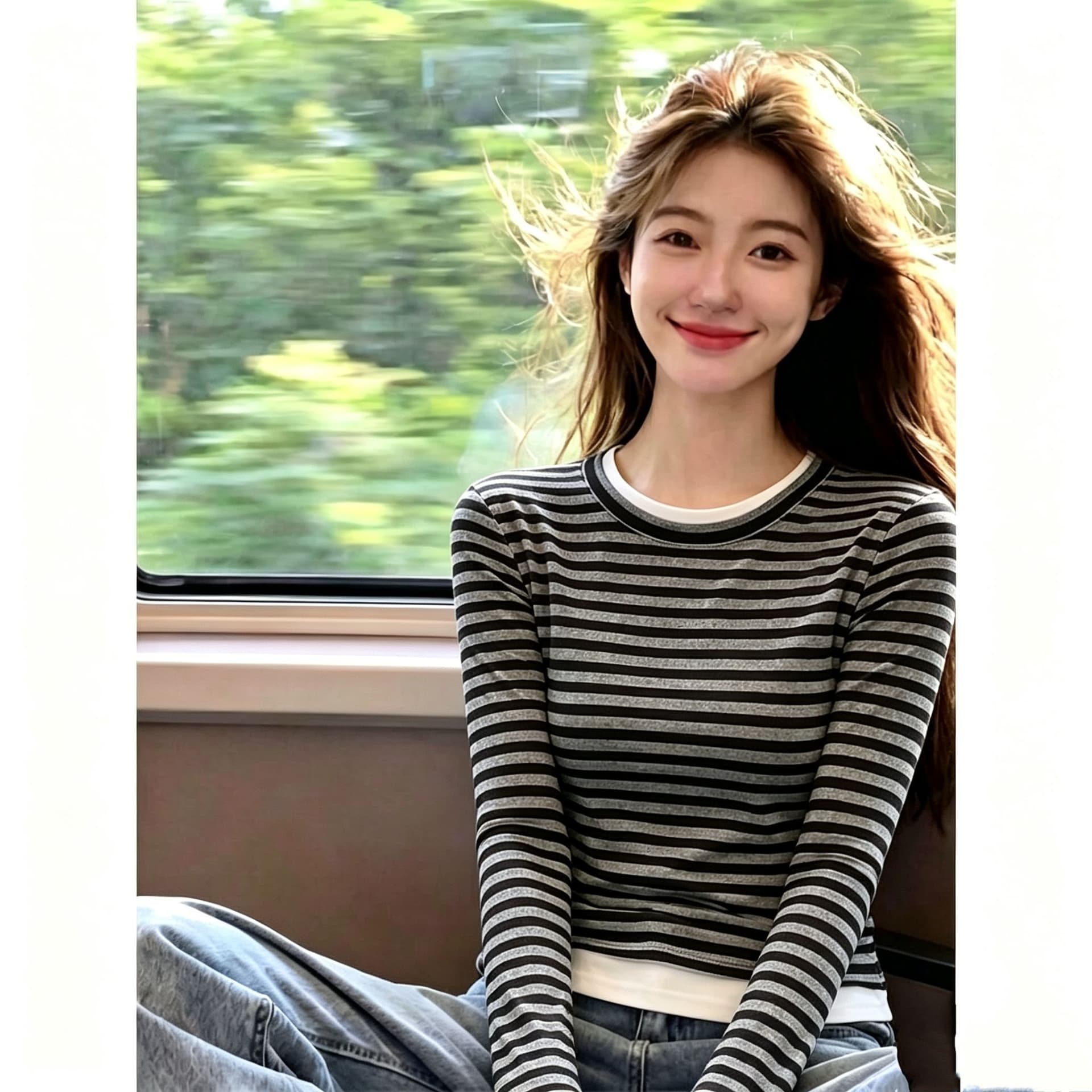 원본 품질 핫걸 블랙 회색 스트라이프 스택 착용 페이크 레이어드 라운드 넥 긴팔 티셔츠 여성 가을 새로운 기본 셔츠 맨위