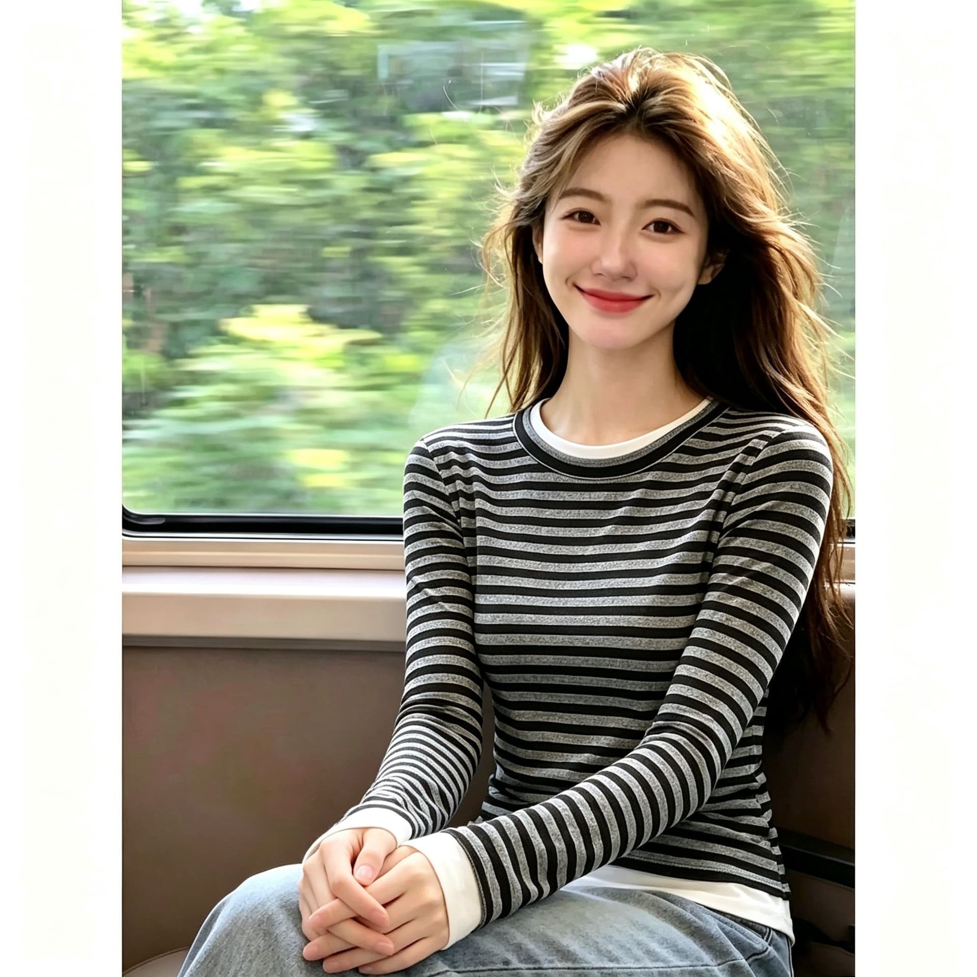 원본 품질 핫걸 블랙 회색 스트라이프 스택 착용 페이크 레이어드 라운드 넥 긴팔 티셔츠 여성 가을 새로운 기본 셔츠 맨위 이미지 3