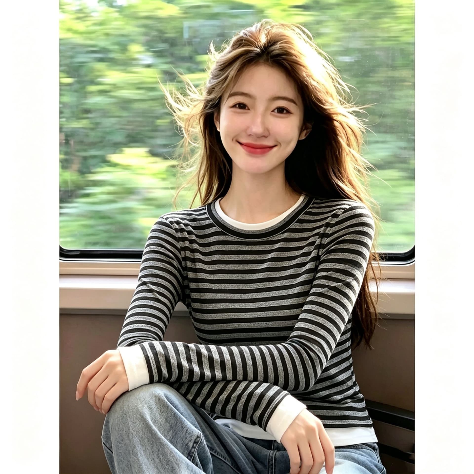 원본 품질 핫걸 블랙 회색 스트라이프 스택 착용 페이크 레이어드 라운드 넥 긴팔 티셔츠 여성 가을 새로운 기본 셔츠 맨위 이미지 4