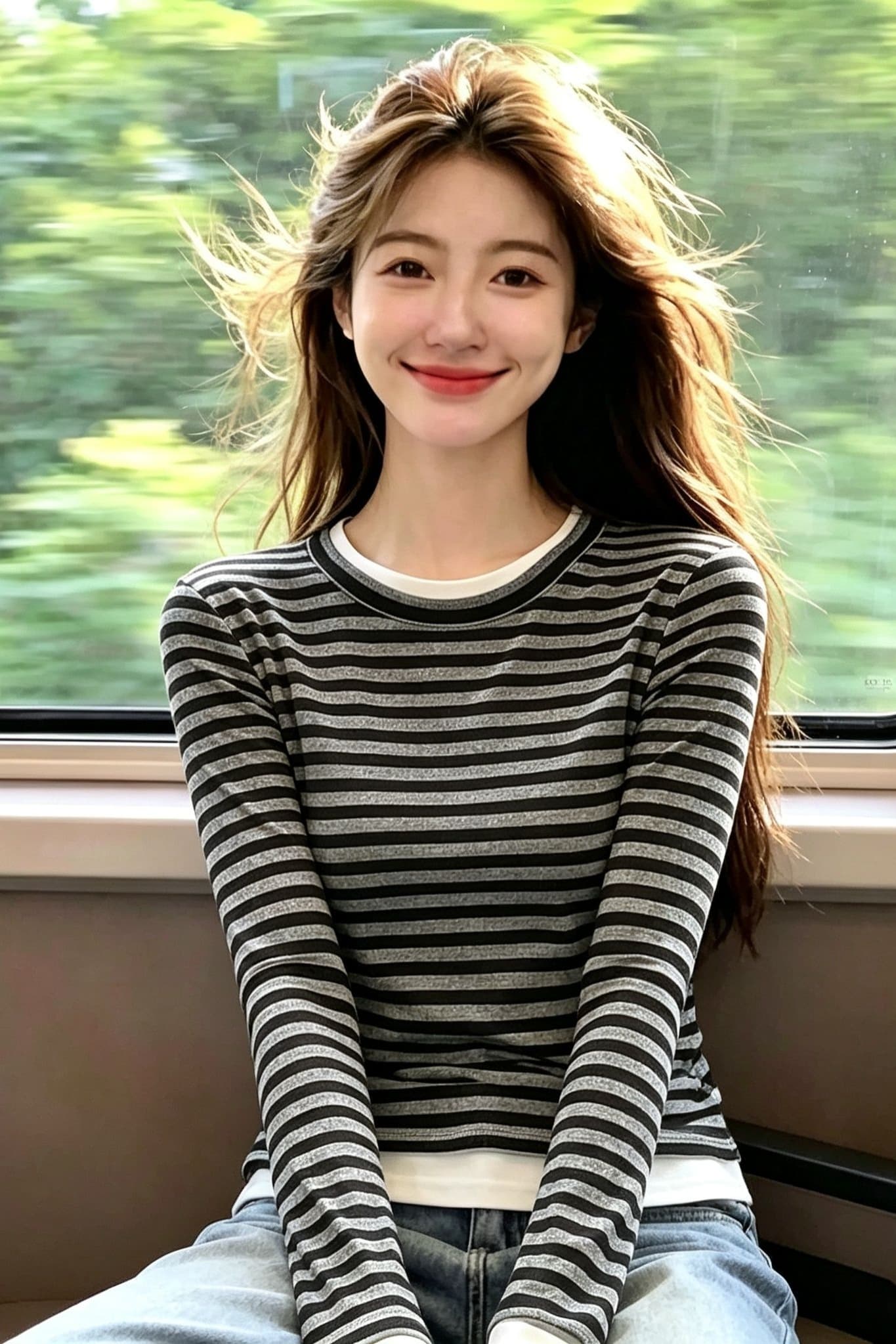 원본 품질 핫걸 블랙 회색 스트라이프 스택 착용 페이크 레이어드 라운드 넥 긴팔 티셔츠 여성 가을 새로운 기본 셔츠 맨위 이미지 5