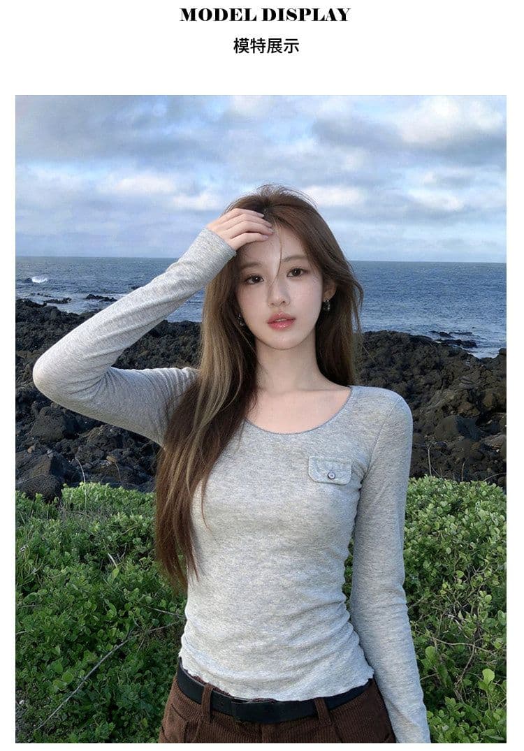 2026 가을 겨울 한국 스타일 새로운 u 칼라 몸매 가꾸기 긴팔 티셔츠 여성 단색 핫걸 다용도 기본 셔츠 상세 이미지 2