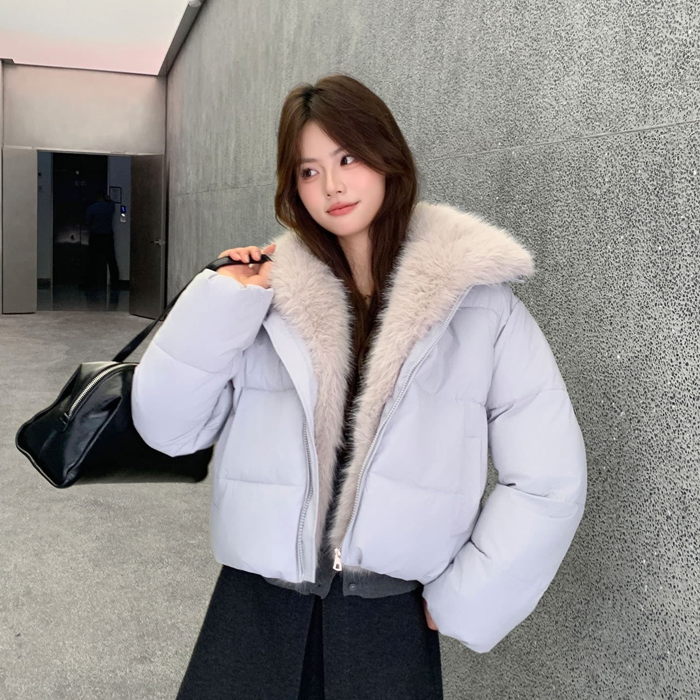 실사 겨울 쇼트 스타일 아래 면화 의류 여성 여우 모피 칼라 두꺼운 작은 키 한국 스타일 모피 빵 외투 이미지 4