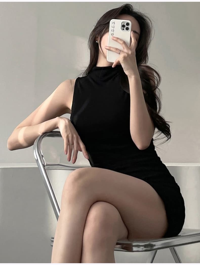 한국 동대문 신제품 고급 센스 여성 반하이넥 몸매 가꾸기 민소매 타이트 스커트 드레스 상세 이미지 10