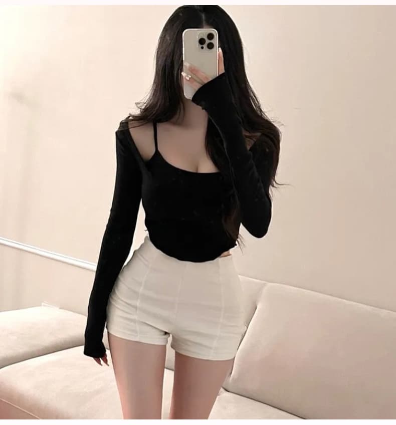 한국 동대문 신제품 순수한 욕망 바람 섹시함 u 칼라 디스플레이 가슴 슬립 맨위 타이트 긴팔 티셔츠 투피스 세트 상세 이미지 16