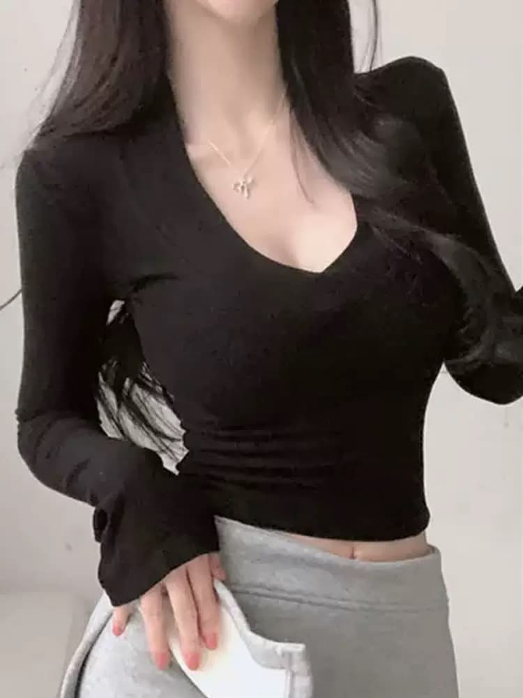 한국 동대문 신제품 섹시함 디스플레이 몸 핫걸 여성 V넥 타이트 기본 셔츠 티셔츠 이미지 2