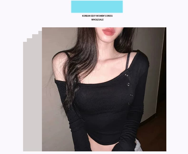 한국 동대문 신제품 인터넷 유명인 달콤한 매운맛 바람 섹시함 순수한 욕망 비스듬한 오프숄더 긴팔 티셔츠 맨위 상세 이미지 1