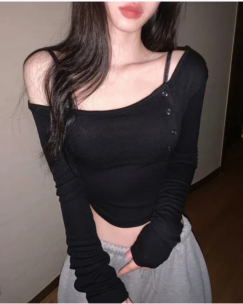 한국 동대문 신제품 인터넷 유명인 달콤한 매운맛 바람 섹시함 순수한 욕망 비스듬한 오프숄더 긴팔 티셔츠 맨위 상세 이미지 13