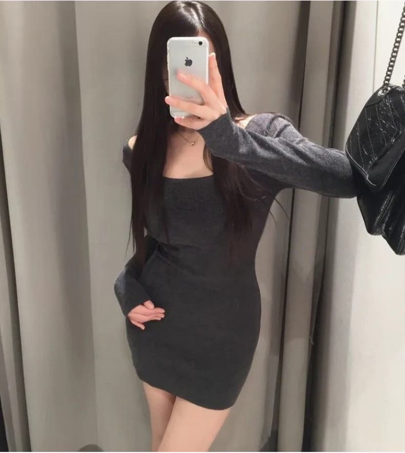 한국 동대문 신제품 가을 겨울 자이언트 잘 생긴 섹시함 대 네클라인 오프숄더 슬림해 보이는 타이트 스커트 긴팔 드레스 상세 이미지 11