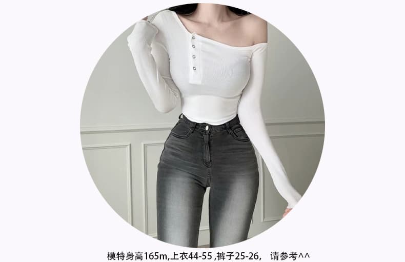 한국 동대문 신제품 섹시함 여성 오프숄더 비스듬한 칼라 디스플레이 몸 쇼트 스타일 긴팔 티셔츠 상세 이미지 7
