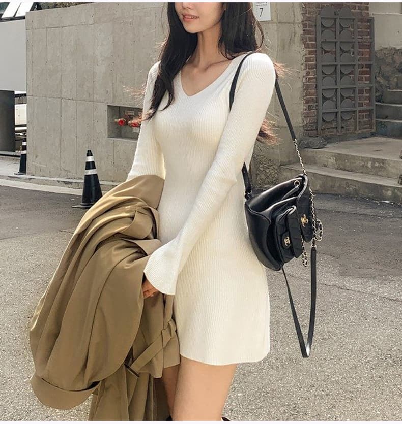 한국 동대문 신제품 지성 품격 몸매 가꾸기 V넥 타이트 스커트 나팔 소매 니트 여성 드레스 상세 이미지 10