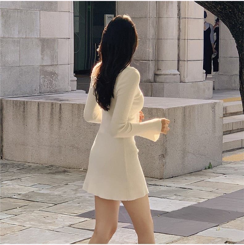 한국 동대문 신제품 여성 V넥 허리 수축 니트 단색 드레스 상세 이미지 10