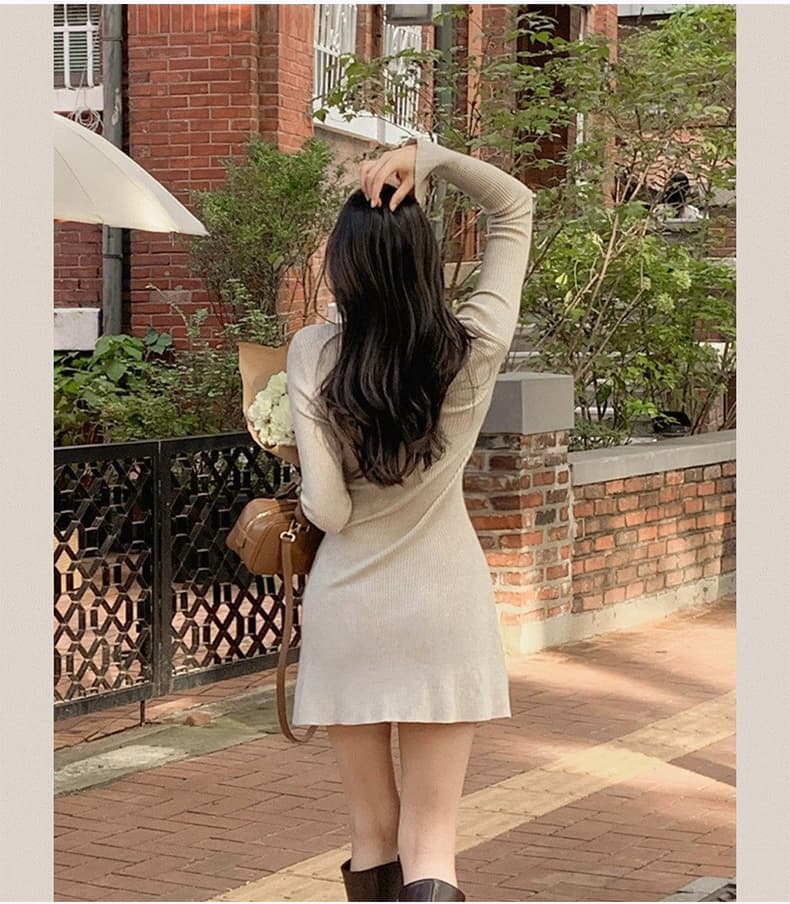 한국 동대문 신제품 여성 V넥 허리 수축 니트 단색 드레스 상세 이미지 11