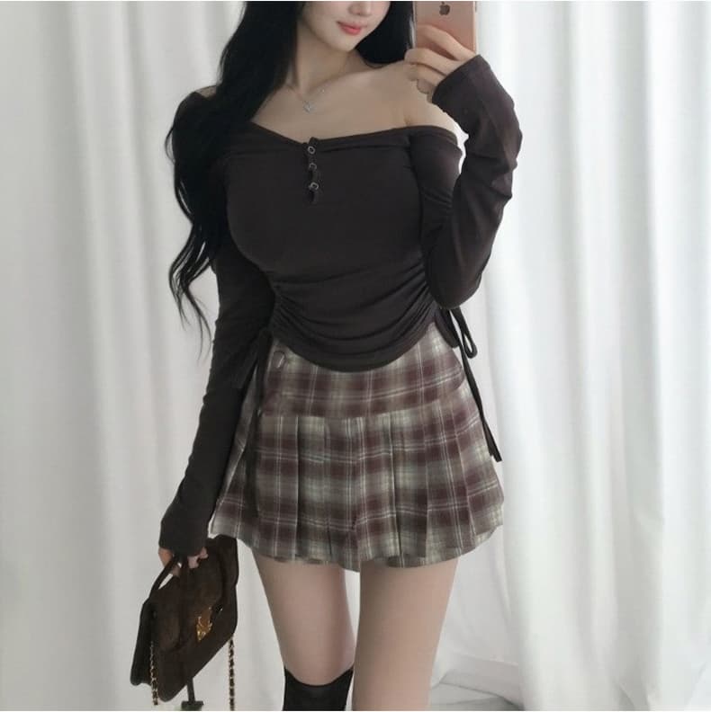 한국 동대문 신제품 순수한 욕망 달콤한 매운맛 바람 슈퍼 아름다운 펌프 로프 꼬집기 허리 비스듬한 칼라 오프숄더 긴팔 티셔츠 여성 상세 이미지 18