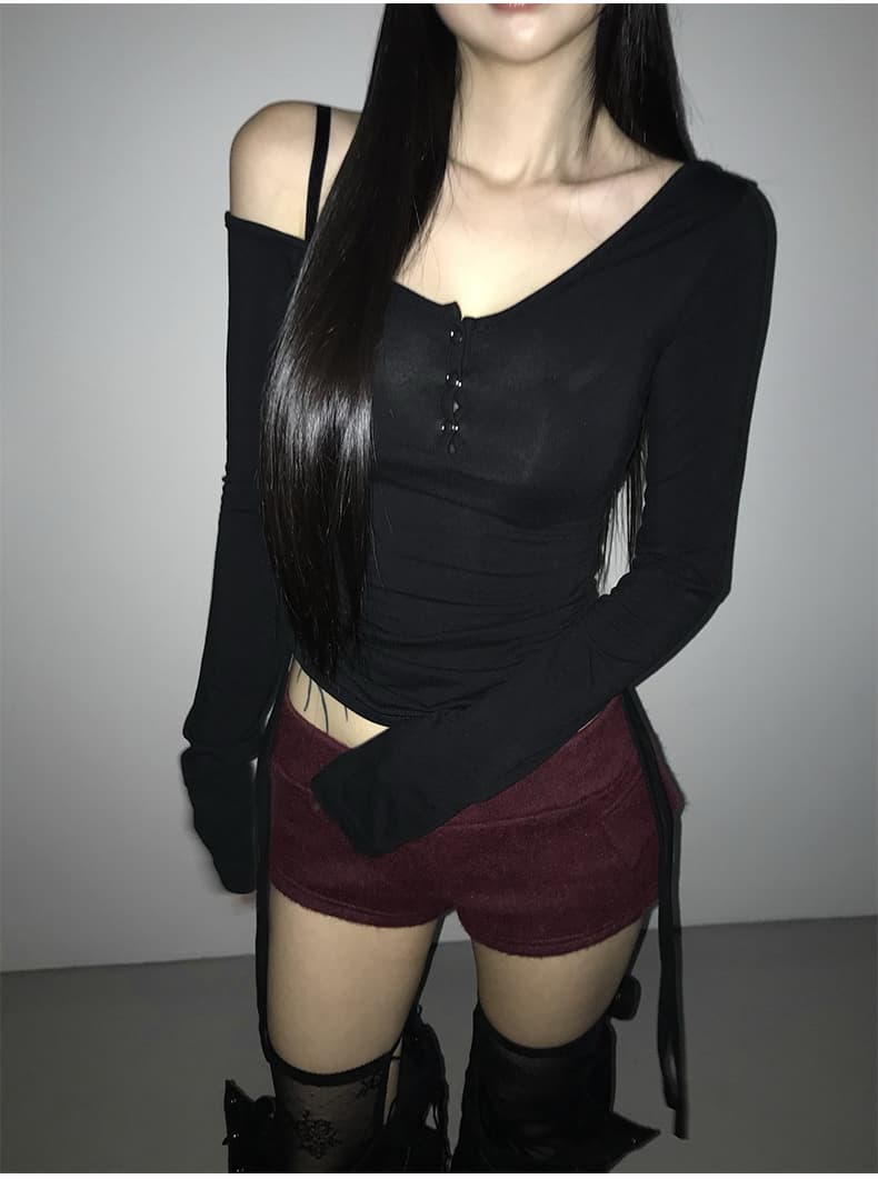 한국 동대문 신제품 얇은 스타일 어둠 버클 양면 펌프 로프 오프숄더 긴팔 기본 셔츠 티셔츠 상세 이미지 17
