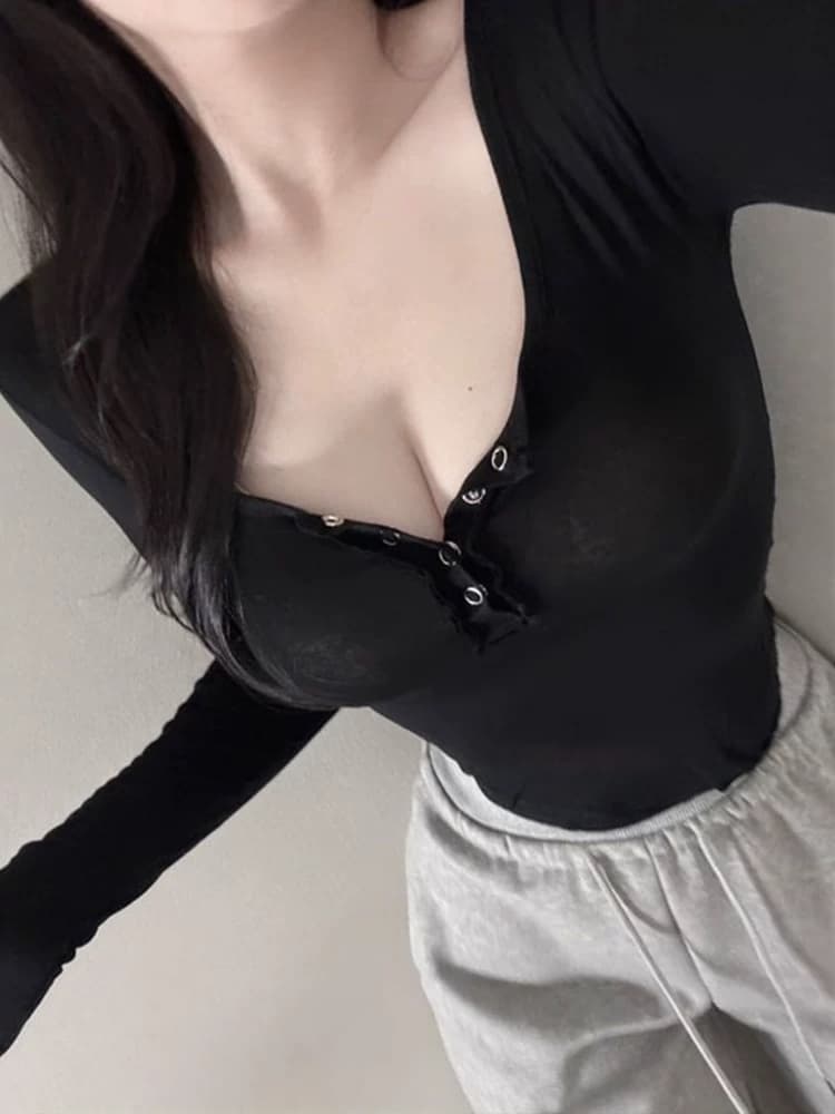 한국 동대문 신제품 달콤한 매운맛 슈퍼 잘 생긴 섹시함 여성 반 개방 칼라 타이트 만나는 티셔츠 맨위 이미지 2