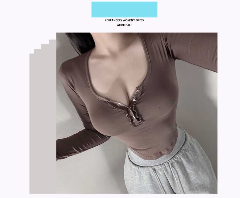 한국 동대문 신제품 달콤한 매운맛 슈퍼 잘 생긴 섹시함 여성 반 개방 칼라 타이트 만나는 티셔츠 맨위 상세 이미지 2