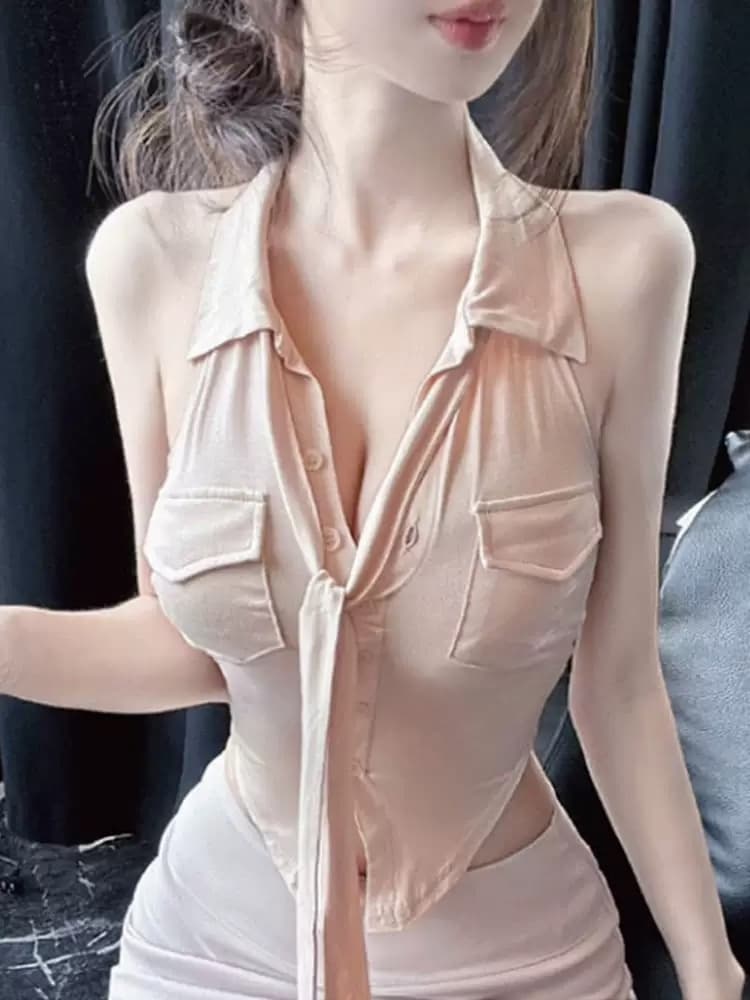 한국 동대문 신제품 섹시함 순수한 욕망 바람 비서 폴로 칼라 민소매 리본 티셔츠 이미지 5
