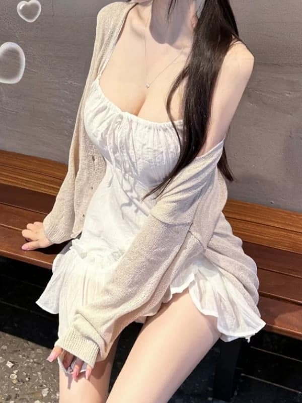 한국 동대문 신제품 고급 센스 순수한 욕망 자이언트 잘 생긴 슬림해 보이는 화이트 슬립 짧은 드레스 이미지 3