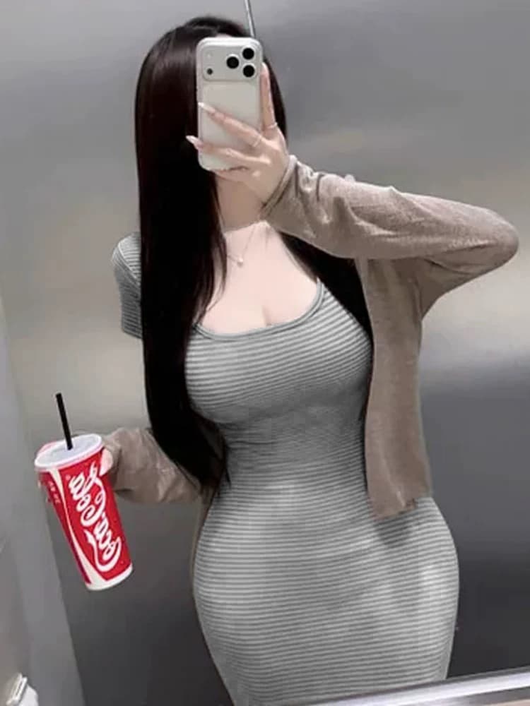 한국 동대문 신제품 자이언트 잘 생긴 순수한 욕망 디스플레이 몸 스트라이프 롱 코트 인어 꼬리 드레스 이미지 4