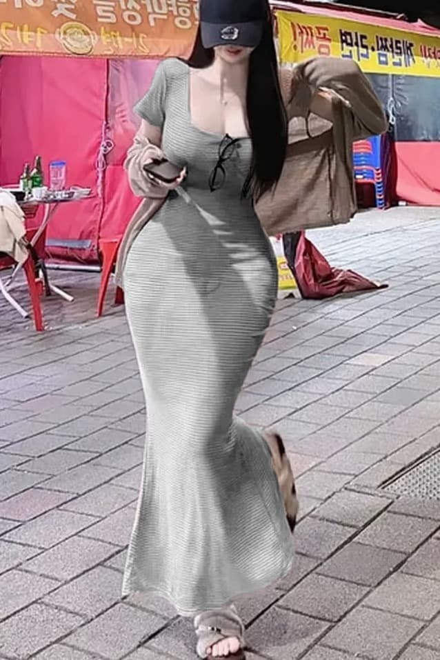 한국 동대문 신제품 자이언트 잘 생긴 순수한 욕망 디스플레이 몸 스트라이프 롱 코트 인어 꼬리 드레스 이미지 7