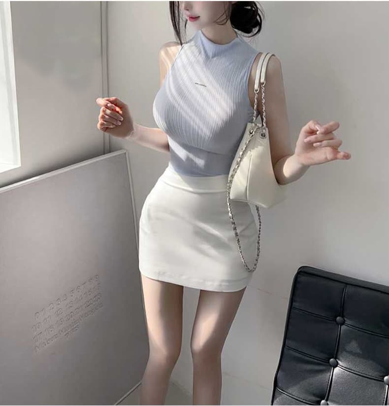 한국 동대문 신제품 순수한 섹시함 타이트 민소매 하프 칼라 티셔츠 여성 외출용 몸매 가꾸기 조끼 맨위 상세 이미지 14