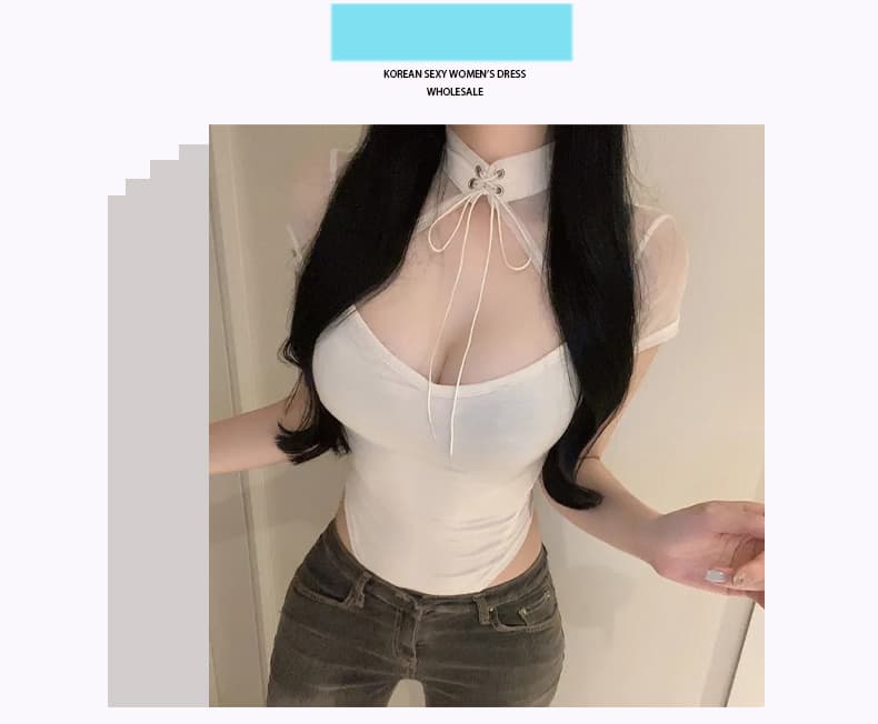 한국 동대문 신제품 행침 목 반팔 티셔츠 여성 고급 센스 레이스업 몸매 가꾸기 슬림해 보이는 디자인 센스 맨위 상세 이미지 1
