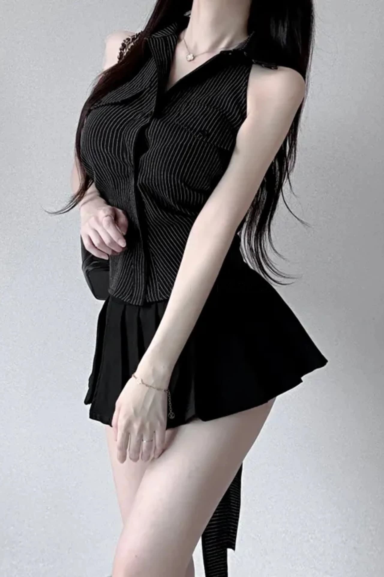 한국 동대문 신제품 작은 대중 가슴 단추 세로 줄무늬 폴로 칼라 스트라이프 몸매 가꾸기 다용도 민소매 셔츠 이미지 7