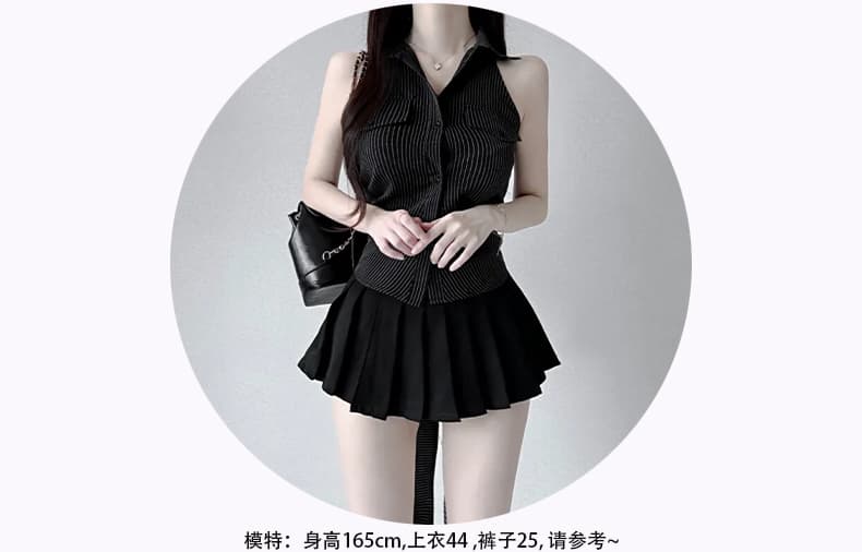 한국 동대문 신제품 작은 대중 가슴 단추 세로 줄무늬 폴로 칼라 스트라이프 몸매 가꾸기 다용도 민소매 셔츠 상세 이미지 7