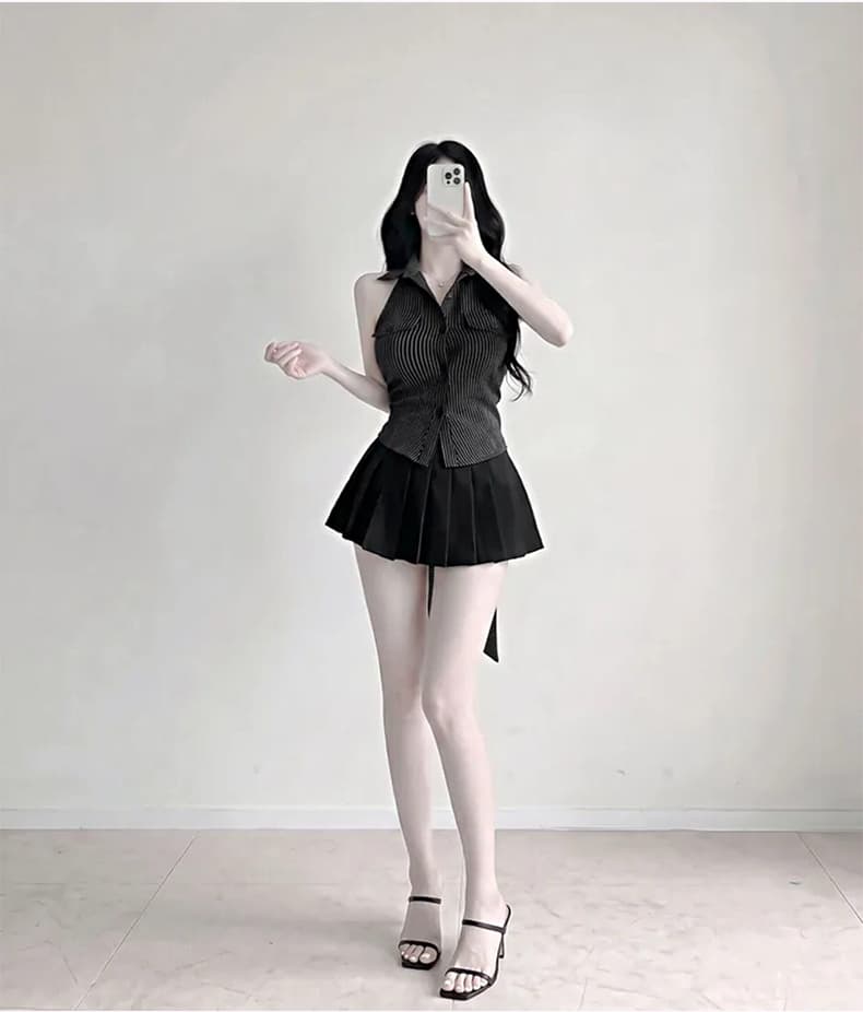 한국 동대문 신제품 작은 대중 가슴 단추 세로 줄무늬 폴로 칼라 스트라이프 몸매 가꾸기 다용도 민소매 셔츠 상세 이미지 15