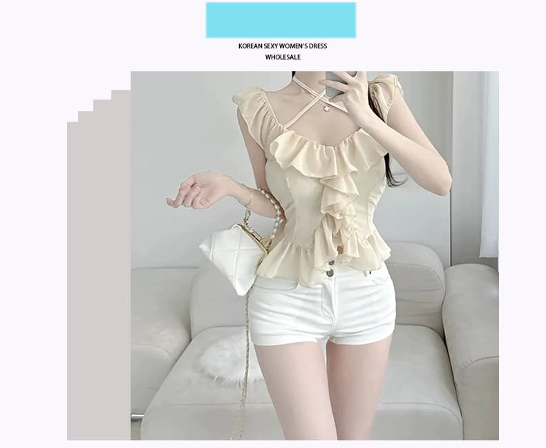 한국 동대문 신제품 달콤함 소녀 프릴 스트랩 백리스 반팔 셔츠 상세 이미지 2