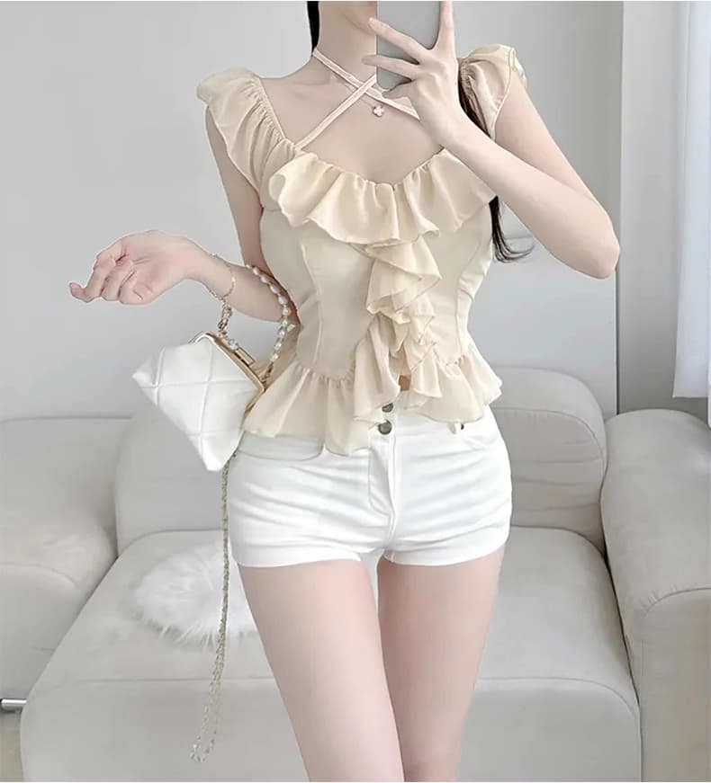 한국 동대문 신제품 달콤함 소녀 프릴 스트랩 백리스 반팔 셔츠 상세 이미지 9