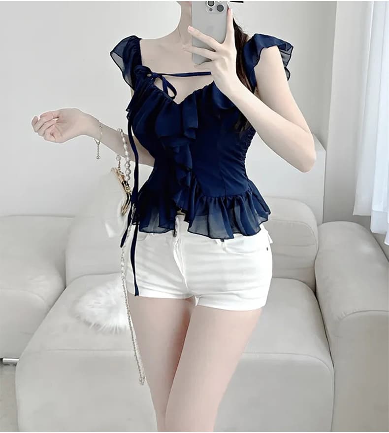한국 동대문 신제품 달콤함 소녀 프릴 스트랩 백리스 반팔 셔츠 상세 이미지 17