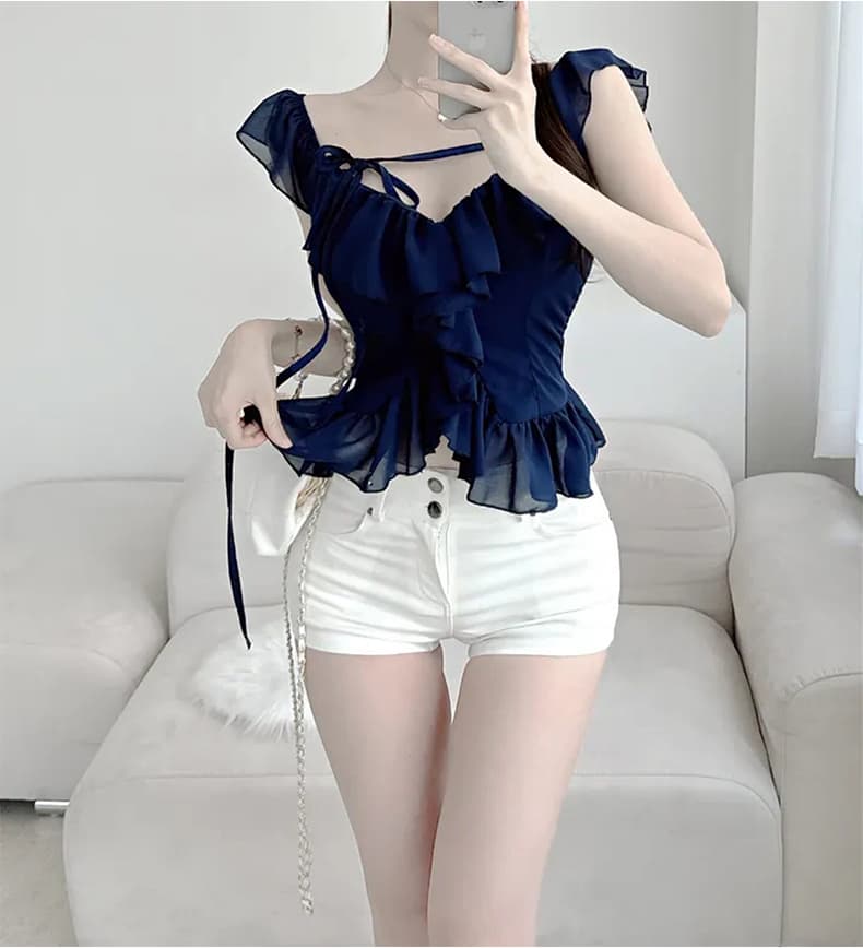 한국 동대문 신제품 달콤함 소녀 프릴 스트랩 백리스 반팔 셔츠 상세 이미지 18