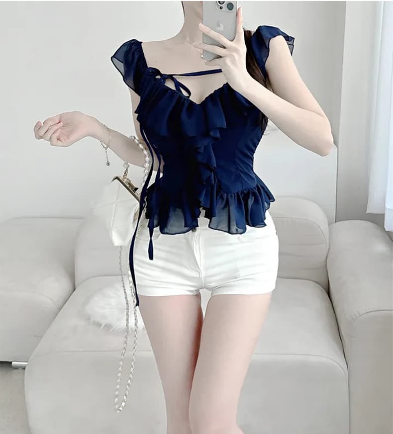 한국 동대문 신제품 달콤함 소녀 프릴 스트랩 백리스 반팔 셔츠 상세 이미지 19