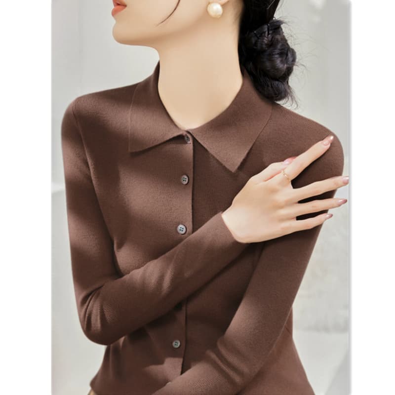 POLO 칼라 한 부서 새로운 패션 여성 고급 센스 가을 긴팔 단추 디자인 몸매 가꾸기 맨위 니트 오픈 가디건 이미지 2