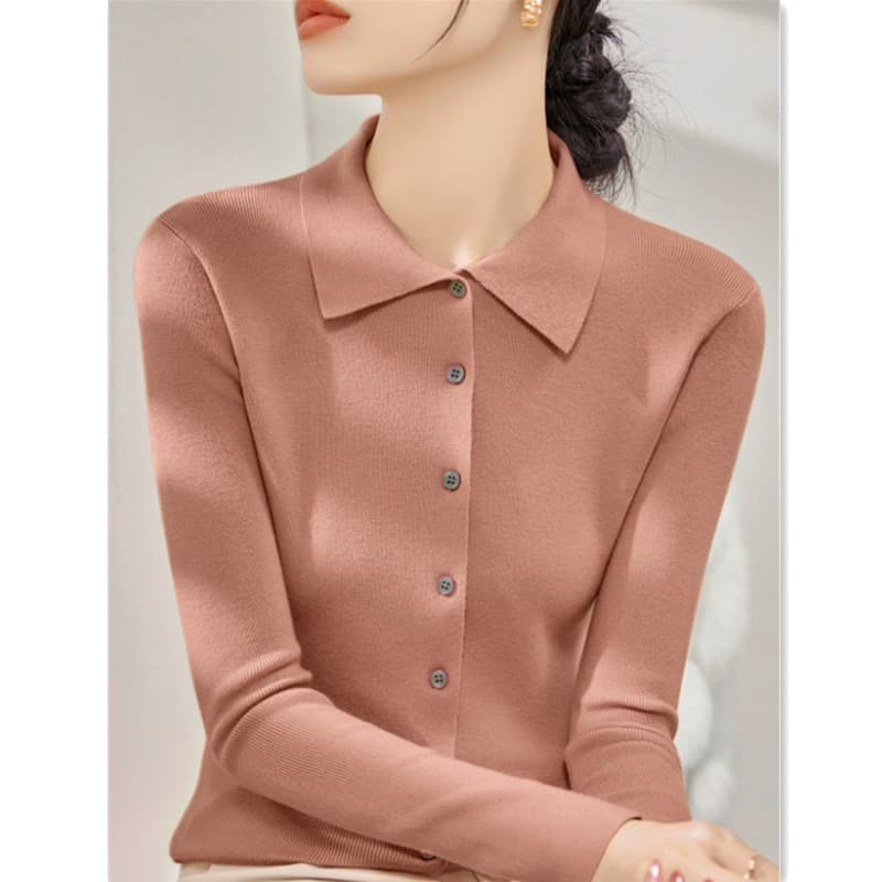 POLO 칼라 한 부서 새로운 패션 여성 고급 센스 가을 긴팔 단추 디자인 몸매 가꾸기 맨위 니트 오픈 가디건 이미지 3