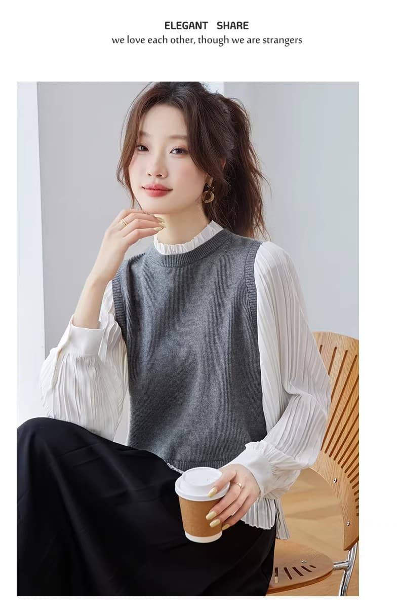 페이크 레이어드 셔츠 패치워크 니트 스웨터 여성 2025 가을 새로운 디자인 센스 슈퍼 화재 연령 감소 이른 가을 긴팔 맨위 상세 이미지 10