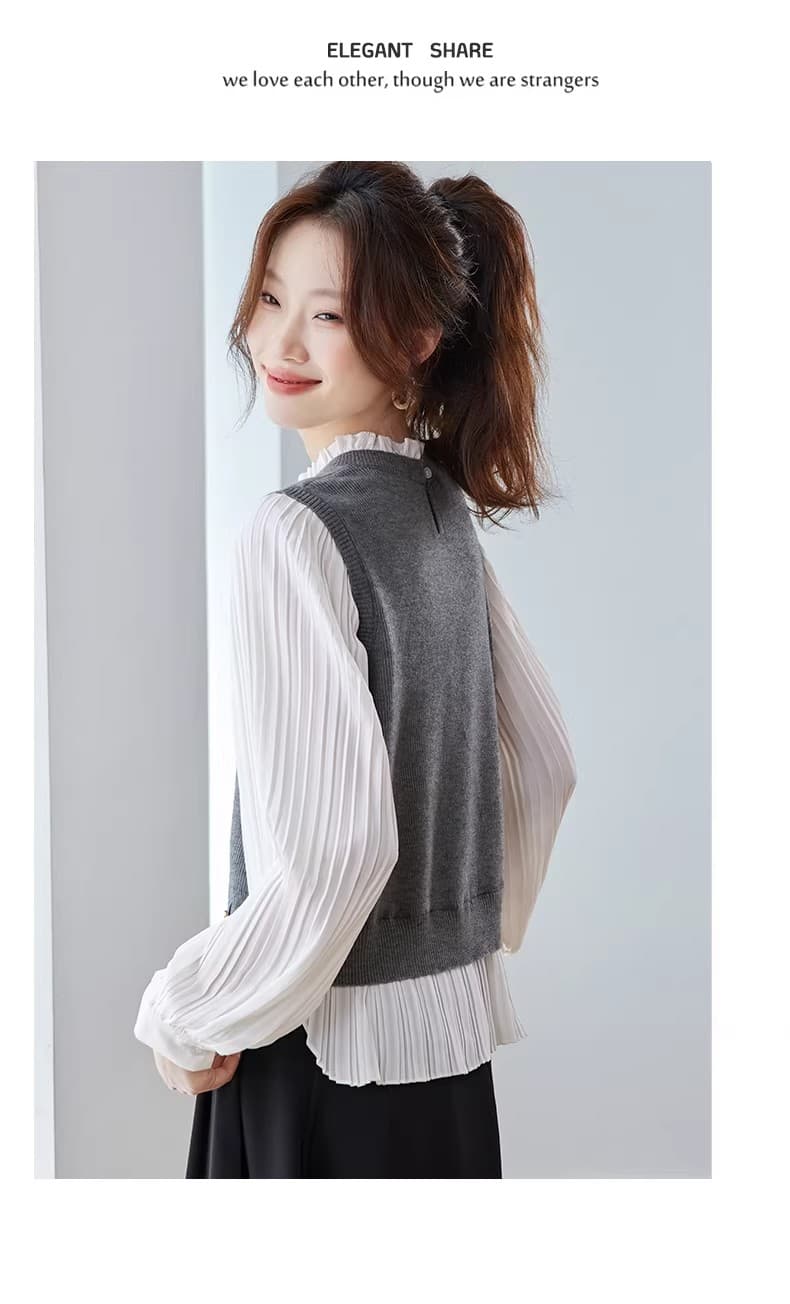 페이크 레이어드 셔츠 패치워크 니트 스웨터 여성 2025 가을 새로운 디자인 센스 슈퍼 화재 연령 감소 이른 가을 긴팔 맨위 상세 이미지 12