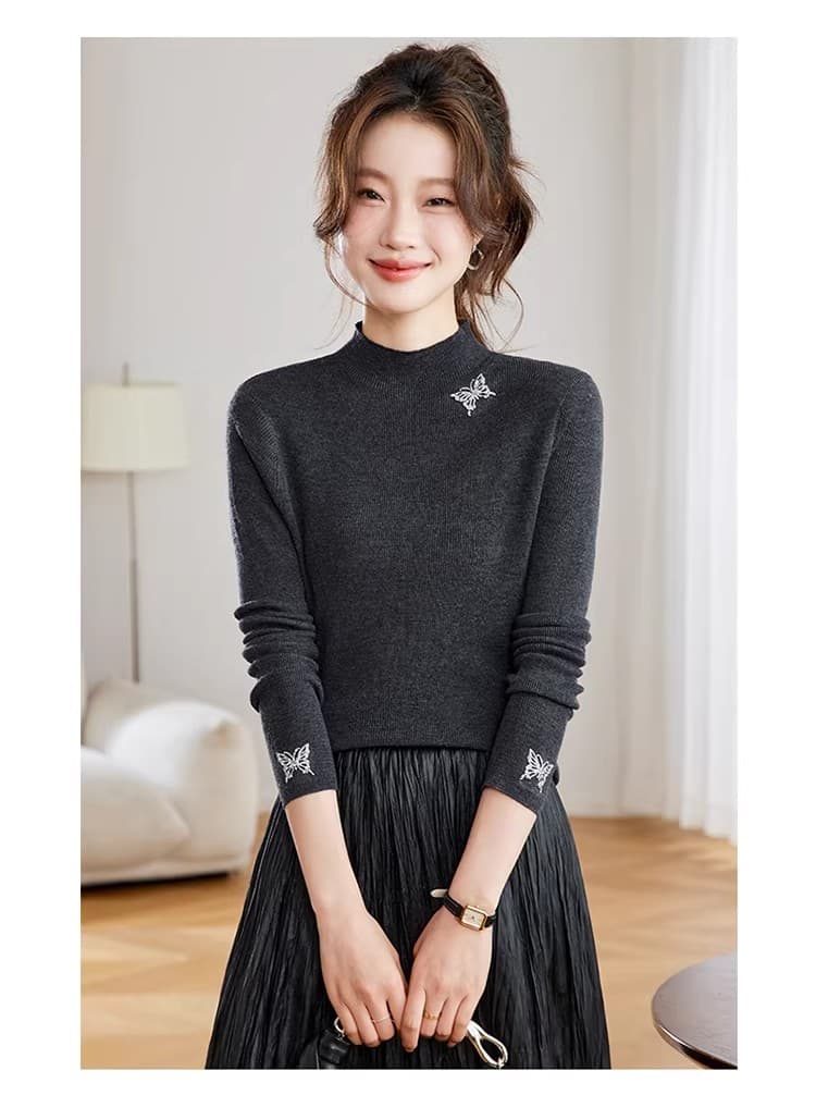 반하이넥 스웨터 여자 가을 겨울 2025 새로운 외국 가스 쇼트 스타일 나비 자수 인사이드 가져 가라. 양모 니트 만나는 작은 셔츠 상세 이미지 7