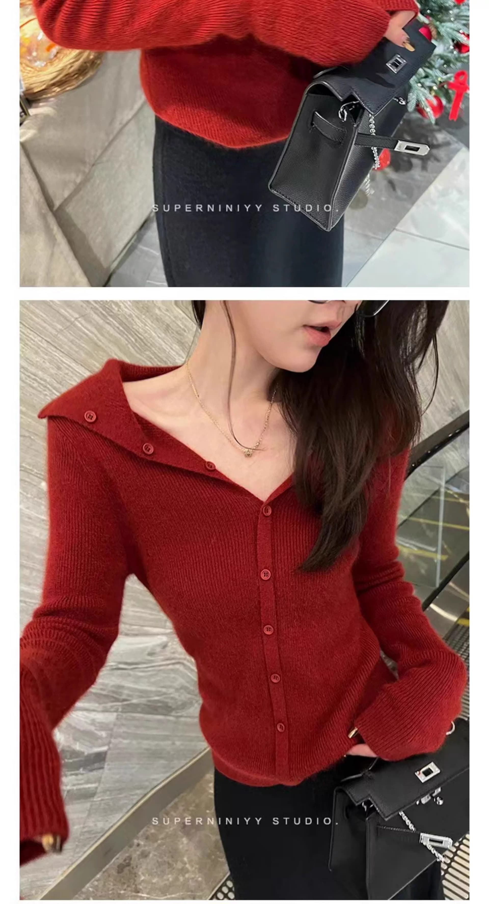 폴로 칼라 여성 순수한 산양 캐시미어 니트 스웨터 맨위 유럽 상품 신년 빨간색 봄 드레스 몸매 가꾸기 만나는 스웨터 코트 상세 이미지 9