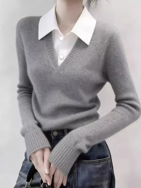 새로운 2026 봄 가을 페이크 레이어드 POLO 칼라 양모 니트 스웨터 다용도 슬림해 보이는 패치워크 색상 맨위