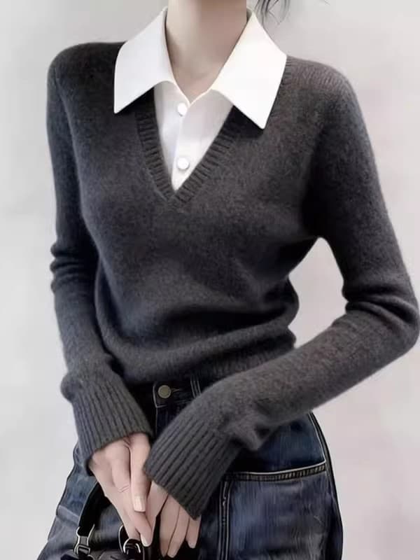 새로운 2026 봄 가을 페이크 레이어드 POLO 칼라 양모 니트 스웨터 다용도 슬림해 보이는 패치워크 색상 맨위 이미지 2
