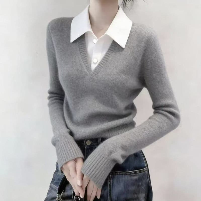 새로운 2026 봄 가을 페이크 레이어드 POLO 칼라 양모 니트 스웨터 다용도 슬림해 보이는 패치워크 색상 맨위 상세 이미지 1