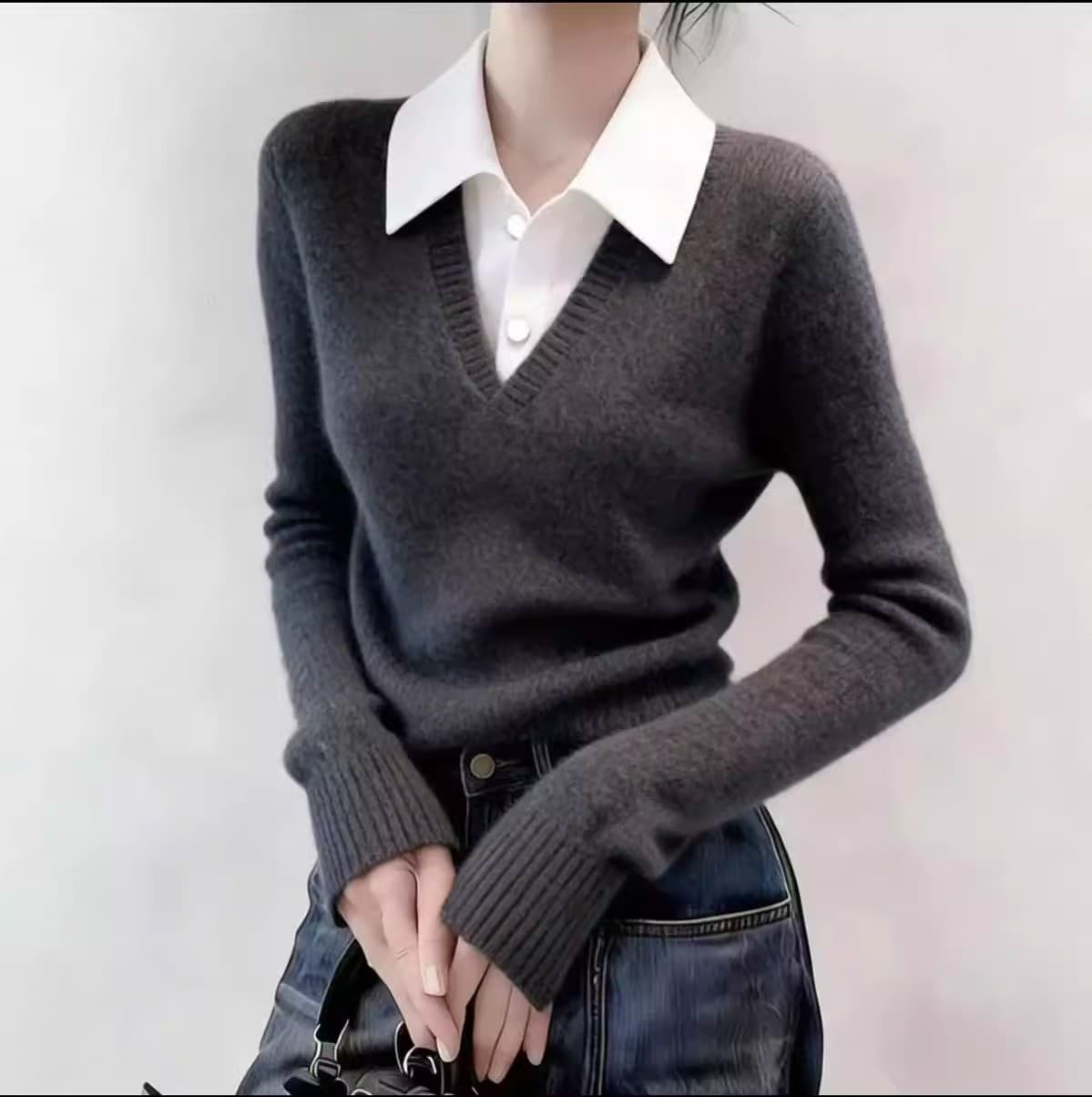 새로운 2026 봄 가을 페이크 레이어드 POLO 칼라 양모 니트 스웨터 다용도 슬림해 보이는 패치워크 색상 맨위 상세 이미지 5