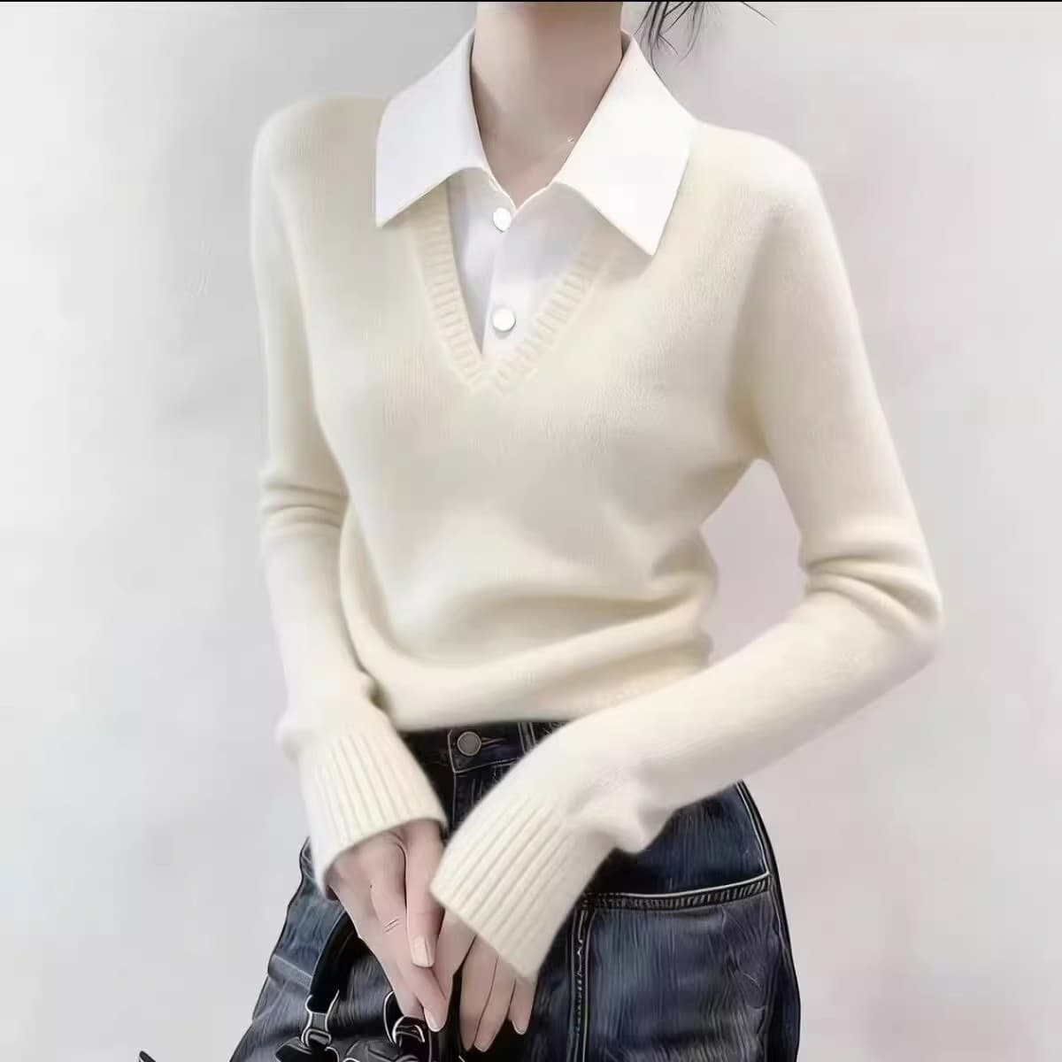 새로운 2026 봄 가을 페이크 레이어드 POLO 칼라 양모 니트 스웨터 다용도 슬림해 보이는 패치워크 색상 맨위 상세 이미지 8